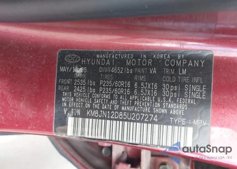 2005 Hyundai Tucson Gls/Lx z USA, uszkodzony, nr VIN KM8JN12D85U207274